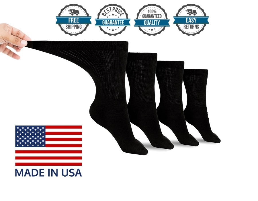 Diabetic Socks Crew Unisex Non-Binding MADE IN USA 4 PACK