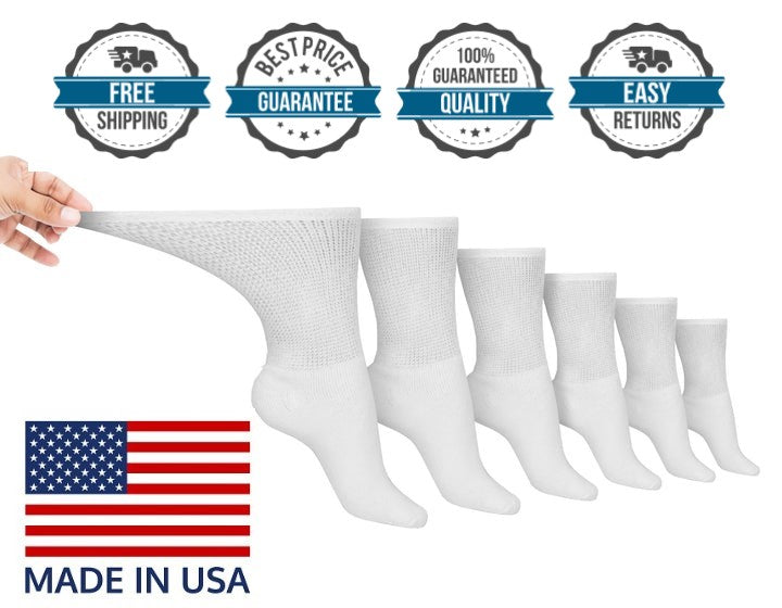 Diabetic Socks for Mens Womens Loose Fit Non-Binding Crew Socks 6 Pairs MADE IN USA